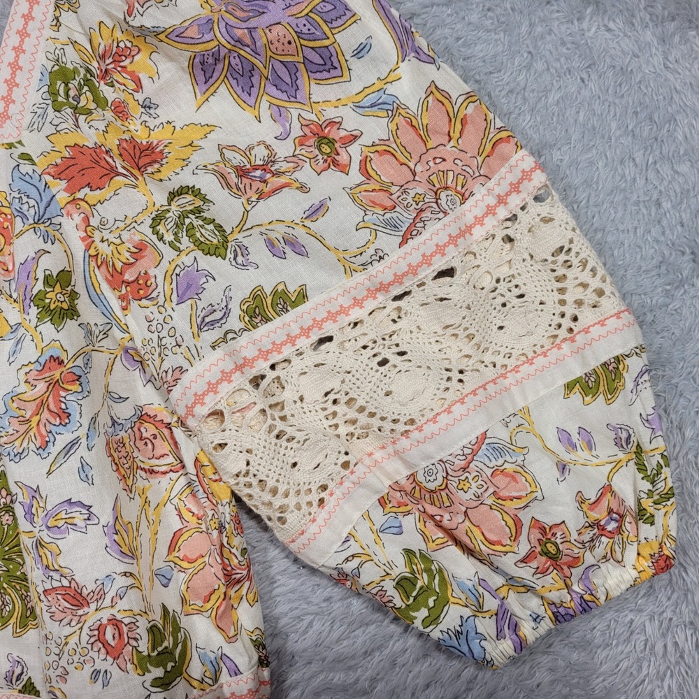 Christian Siriano New York Floral Print Crochet Trim Linen Blend Blouse‎ - Picture 2 of 6